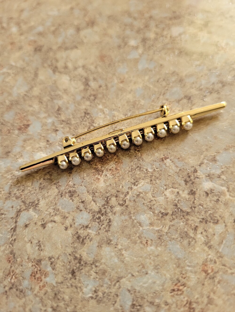 Gold Tone Bar Brooch Pin with Simulated Pearls
